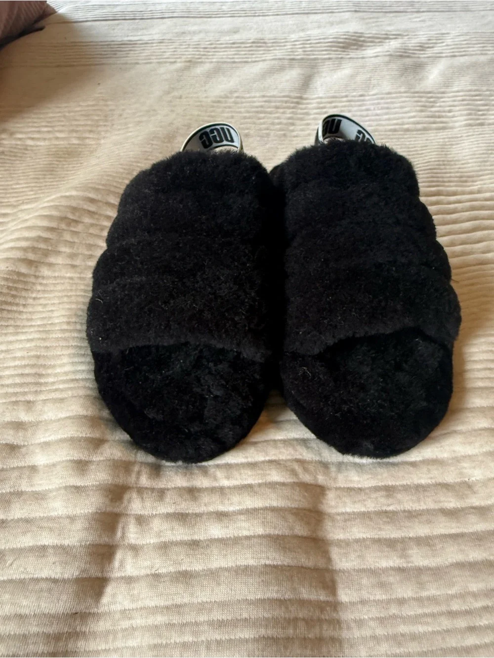 UGG Kids Black Fuzzy Slide Sandals with Branded Heel Strap